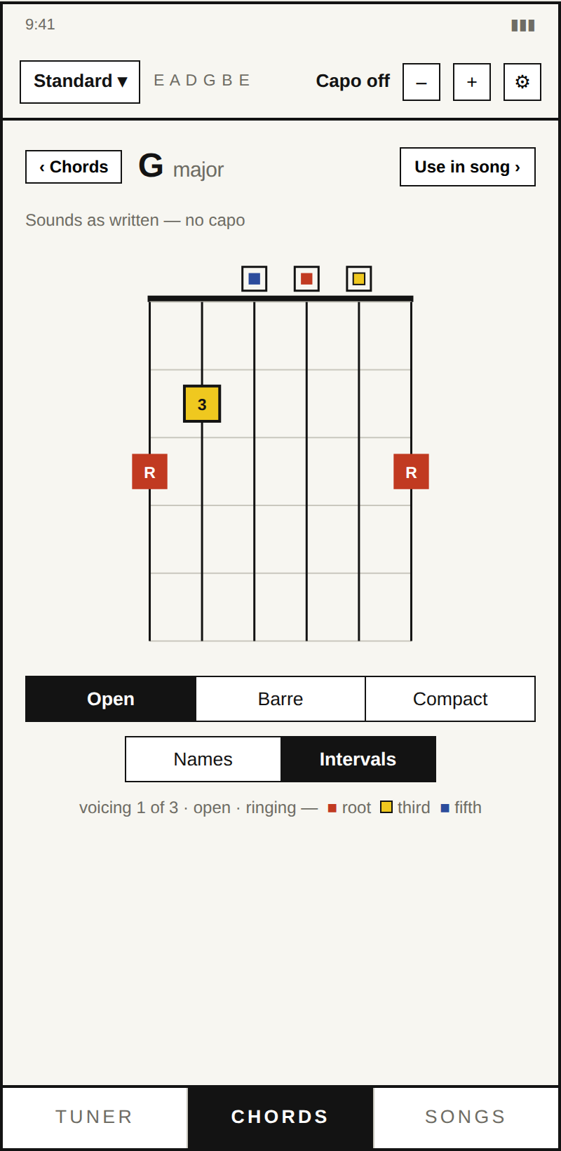 Chord detail for G major with interval colors: root red, third yellow, fifth blue