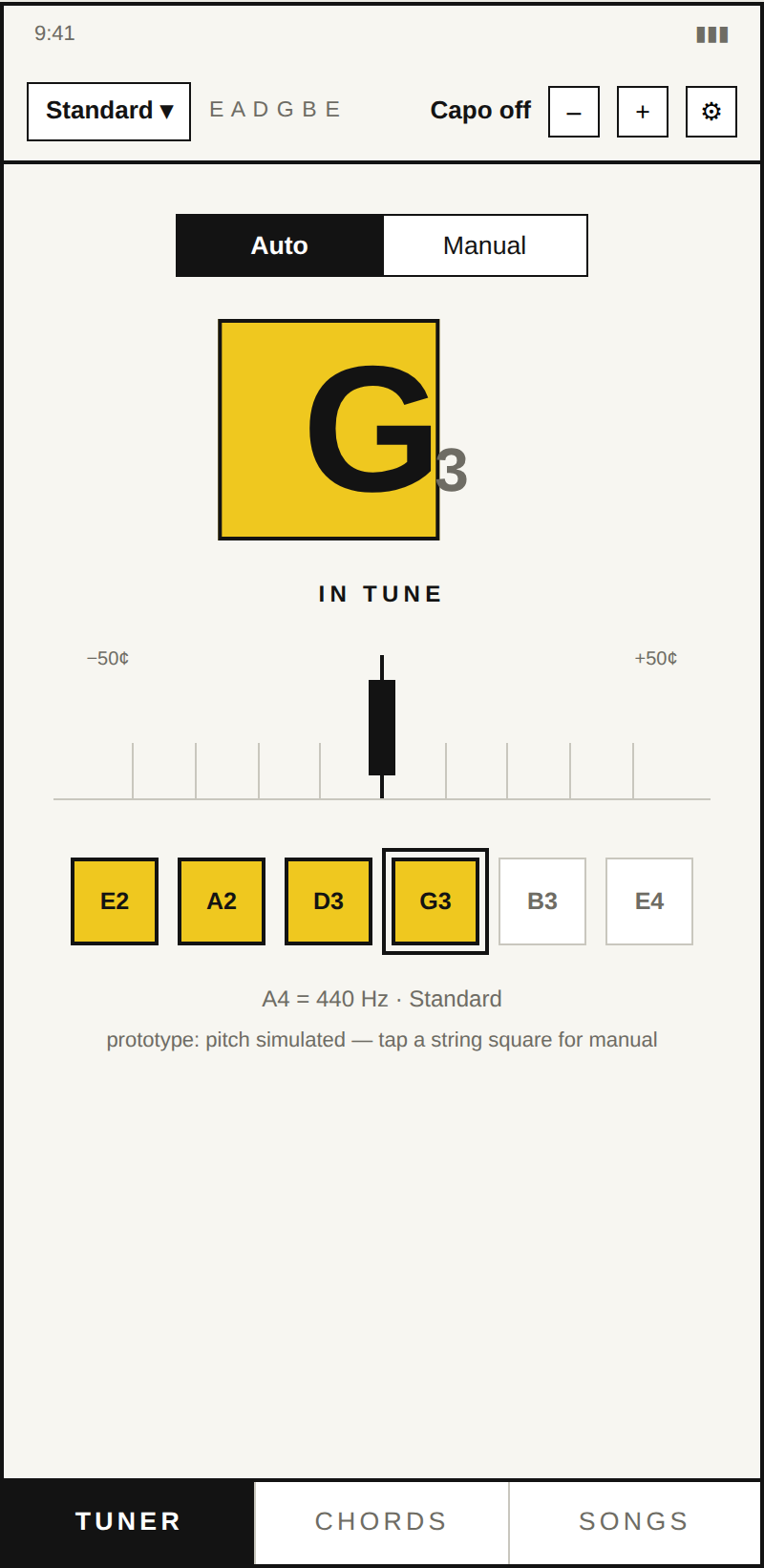 Akkoord tuner at the lock moment: yellow square behind the note, four strings locked
